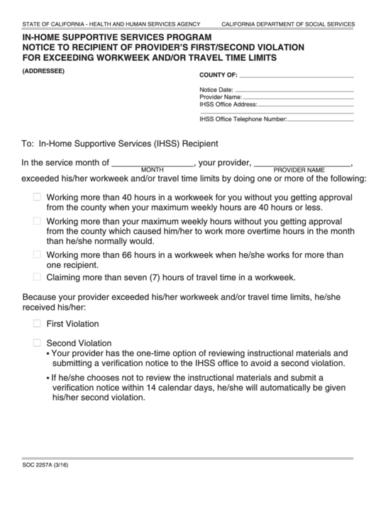 Fillable Form Soc 2257a - In-Home Supportive Services Program Notice To Recipient Of Provider