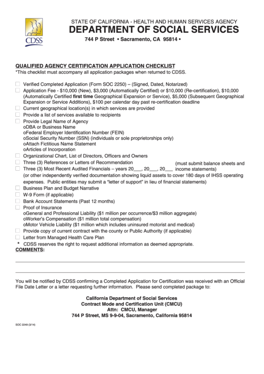 Fillable Form Soc 2249 - Qualified Agency Certification Application Checklist Printable pdf