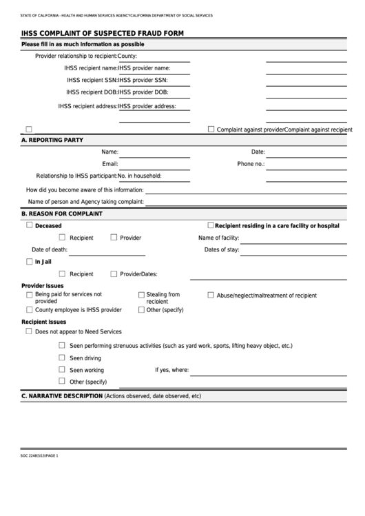 Fillable Form Soc 2248 - Ihss Complaint Of Suspected Fraud Form Printable pdf