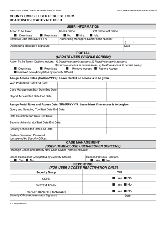 Fillable Form Soc 883 - County Cmips Ii User Request Form Deactivate/reactivate User Printable pdf