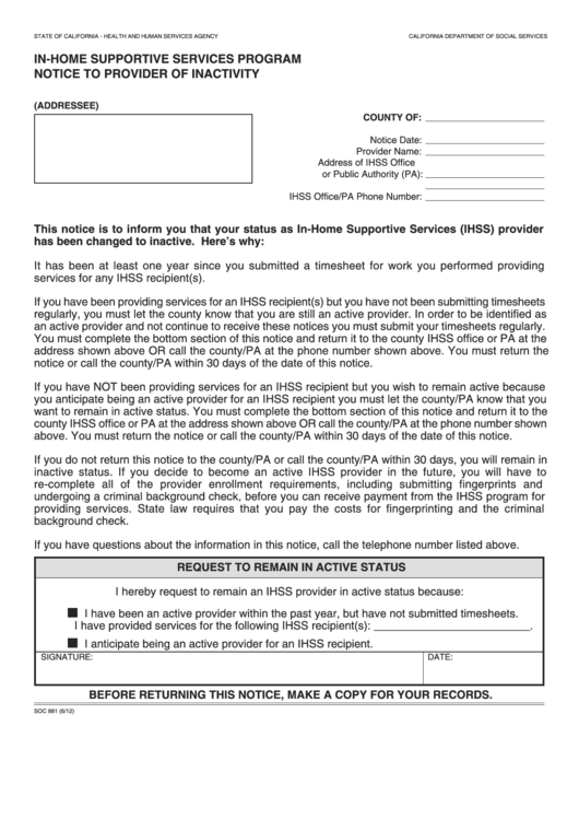 Fillable Form Soc 881 - In-Home Supportive Services Program Notice To Provider Of Inactivity Printable pdf