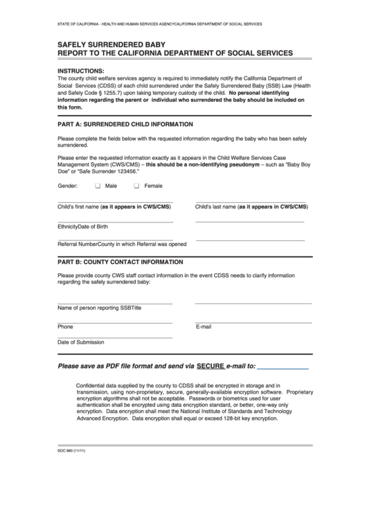 Fillable Form Soc 880 - Safely Surrendered Baby Report To The California Department Of Social Services Printable pdf
