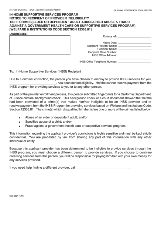 Fillable Form Soc 855a - In-Home Supportive Services Program Notice To Recipient Of Provider Ineligibility Tier I Crimes Printable pdf