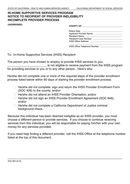Fillable Form Soc 855 - In-Home Supportive Services Program Notice To Recipient Of Provider Ineligibility Incomplete Provider Process Printable pdf