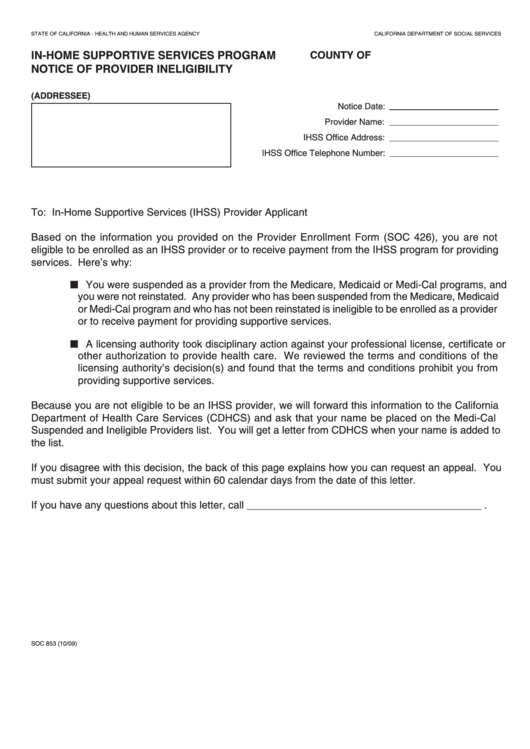 Fillable Form Soc 853 - In-Home Supportive Services Program Notice Of Provider Ineligibility Printable pdf