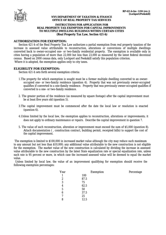 Instructions For Form Rp-421-H-Ins - Application For Real Property Tax Exemption For Capital Improvements To Multiple Dwelling Buildings Within Certain Cities Printable pdf