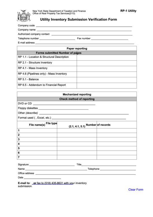 Fillable Form Rp-1 Utility - Utility Inventory Submission Verification Form Printable pdf