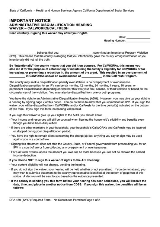 Fillable Form Dpa 479 - Administrative Disqualification Hearing Waiver - Calworks/calfresh Printable pdf