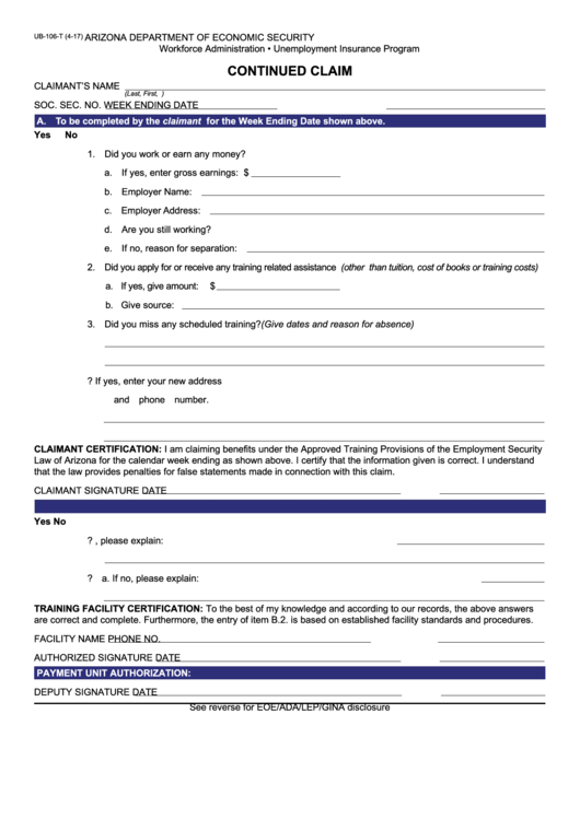 Fillable Form Ub-106-T - Continued Claim Printable pdf