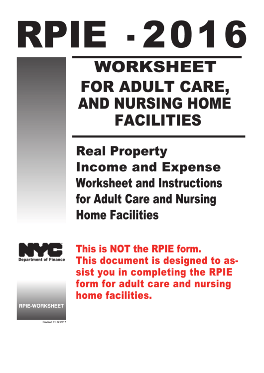 Form Rpie-2016 - Real Property Income And Expense Worksheet And Instructions For Adult Care And Nursing Home Facilities Printable pdf
