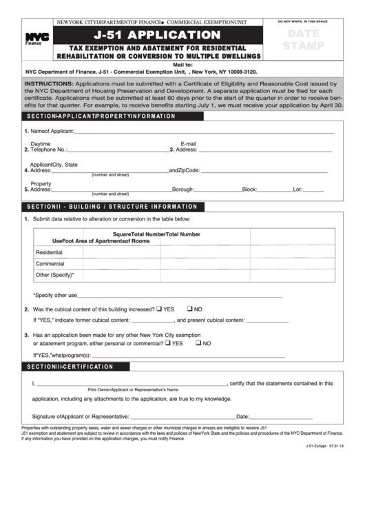 Form J-51 - Application Tax Exemption And Abatement For Residential Rehabilitation Or Conversion To Multiple Dwellings Printable pdf