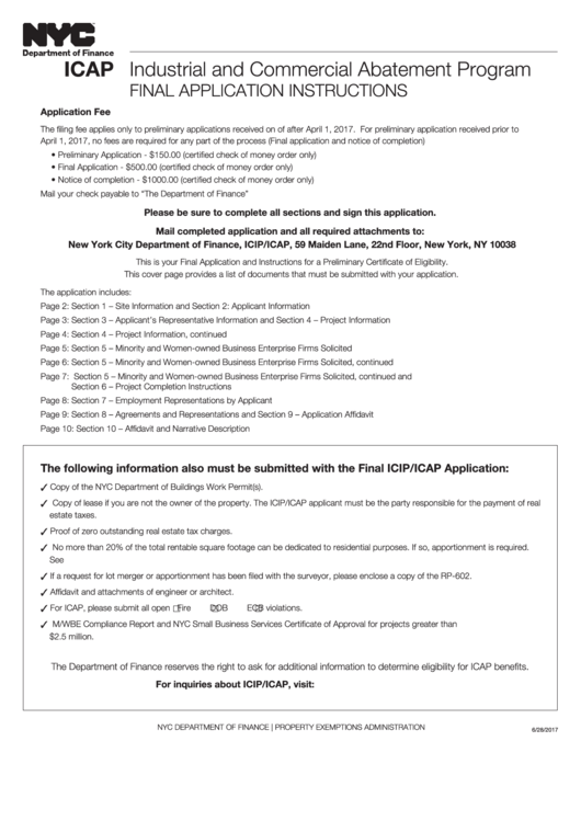 Industrial And Commercial Abatement Final Application For Certificate Of Eligibility - Nyc Department Of Finance Printable pdf
