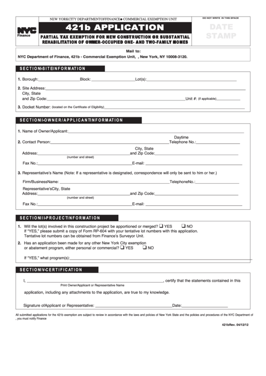 Form 421b - Application Partial Tax Exemption For New Construction Or Substantial Rehabilitation Of Owner-Occupied One- And Two-Family Homes Printable pdf