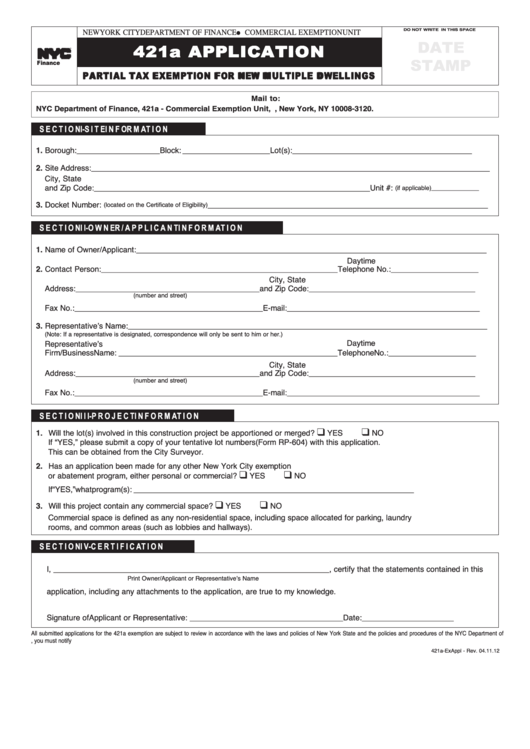 Form 421a - Application Partial Tax Exemption For New Multiple Dwellings Printable pdf