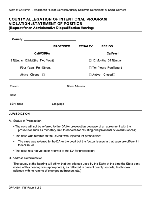 Fillable Form Dpa 435 - County Allegation Of Intentional Program Violation/statement Of Position (Request For An Administrative Disqualification Hearing) Printable pdf