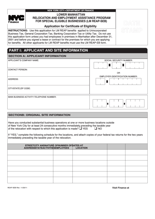 Form Reap-Seb - Lower Manhattan Relocation And Employment Assistance Program Benefits For Special Eligible Businesses Printable pdf