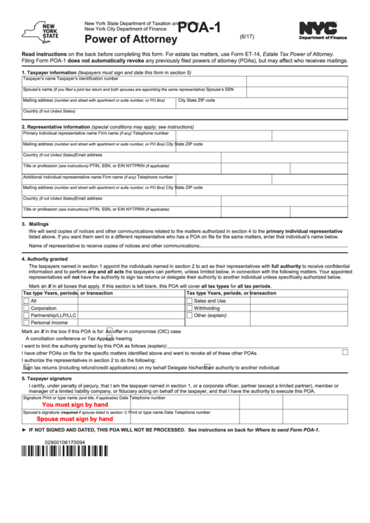 Fillable Form Poa-1 - Power Of Attorney Printable pdf