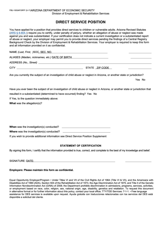 Fillable Form Fbu-1003aforff - Direct Service Position Printable pdf