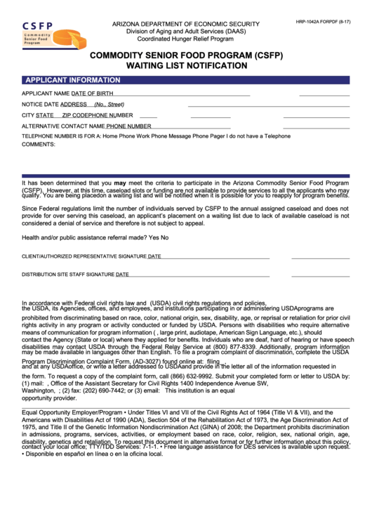 Fillable Form Hrp-1042a Forpdf - Commodity Senior Food Program (Csfp) Waiting List Notification Printable pdf