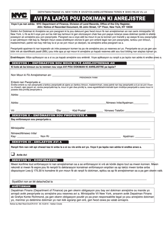 Form Cr-0101 - Notice By Mail Of Recorded Document (Haitian Creole) Printable pdf