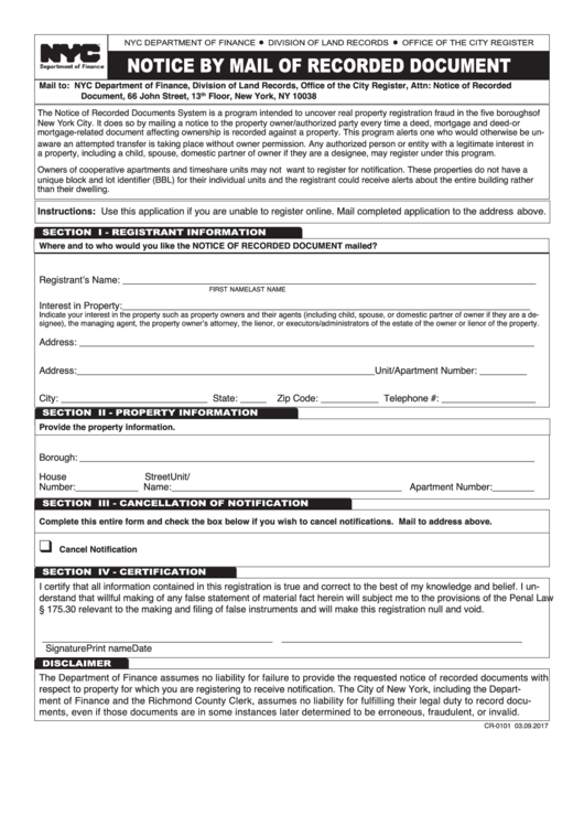 Fillable Form Cr-0101 - Notice By Mail Of Recorded Document Printable pdf