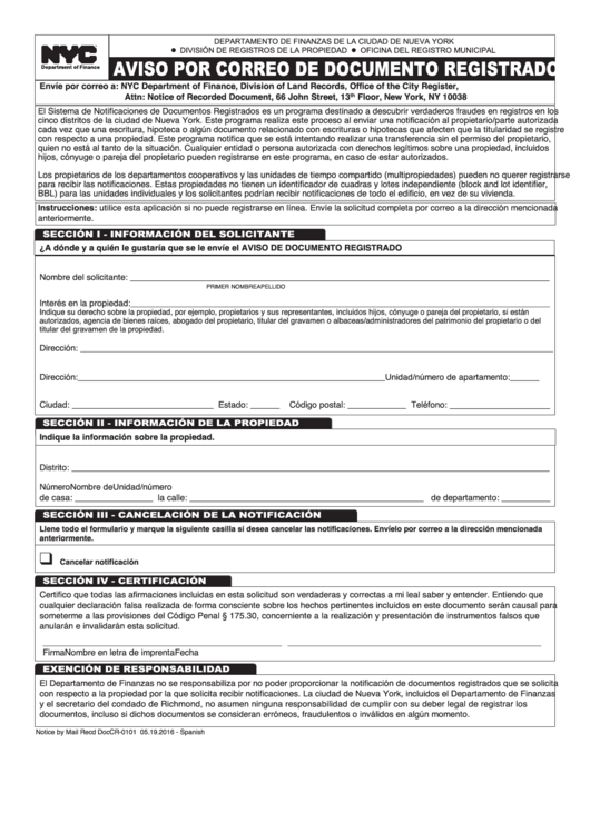 Form Cr-0101 - Notice By Mail Of Recorded Document (Spanish) Printable pdf