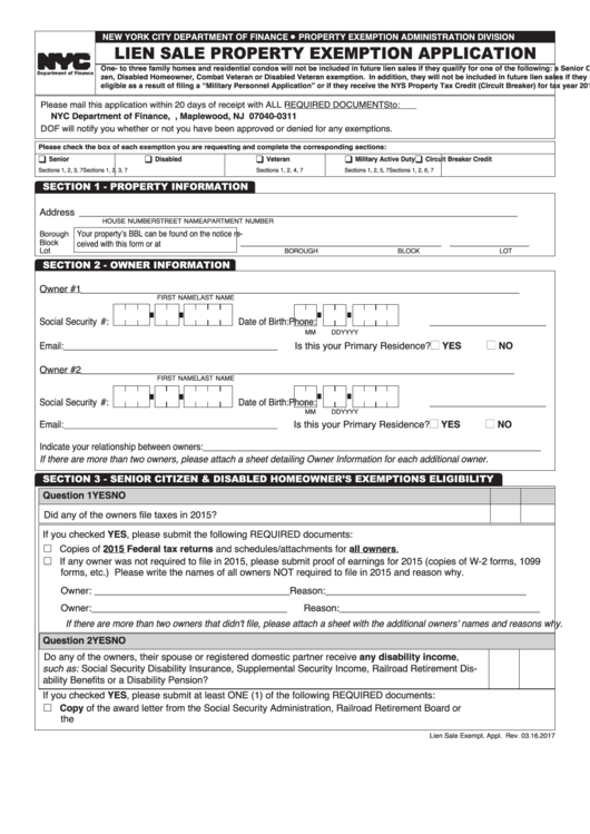 Lien Sale Property Exemption Application - New York City Department Of Finance Printable pdf