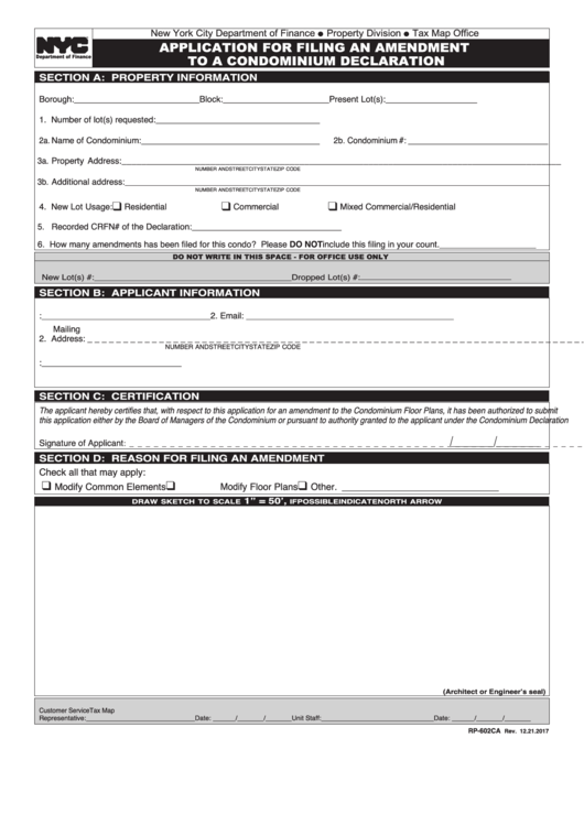 Form Rp-602ca - Application For Filing An Amendment To A Condominium Declaration Printable pdf