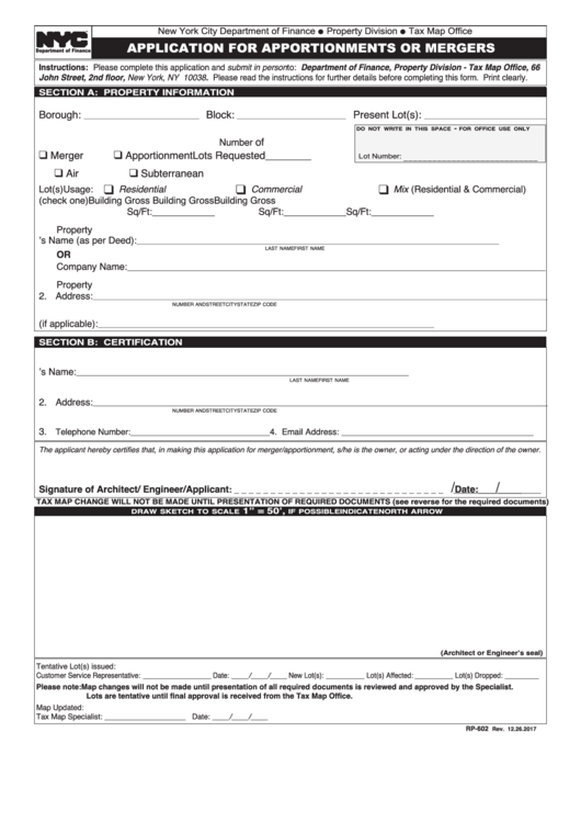 Form Rp-602 - Application For Apportionments Or Mergers Printable pdf