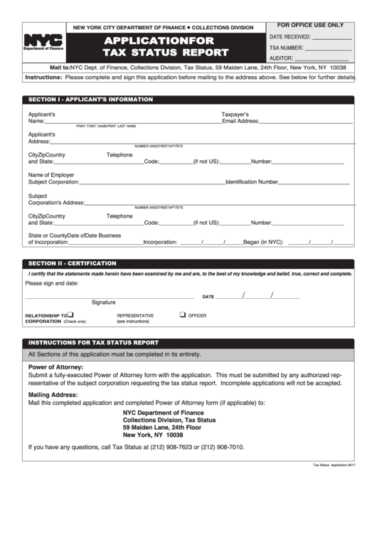 Application For Tax Status Report - New York City Department Of Finance Printable pdf