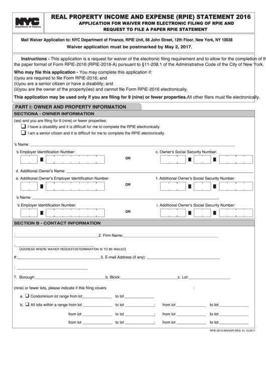Form Rpie-2013-Waiver - Real Property Income And Expense (Rpie) Statement - 2016 Printable pdf