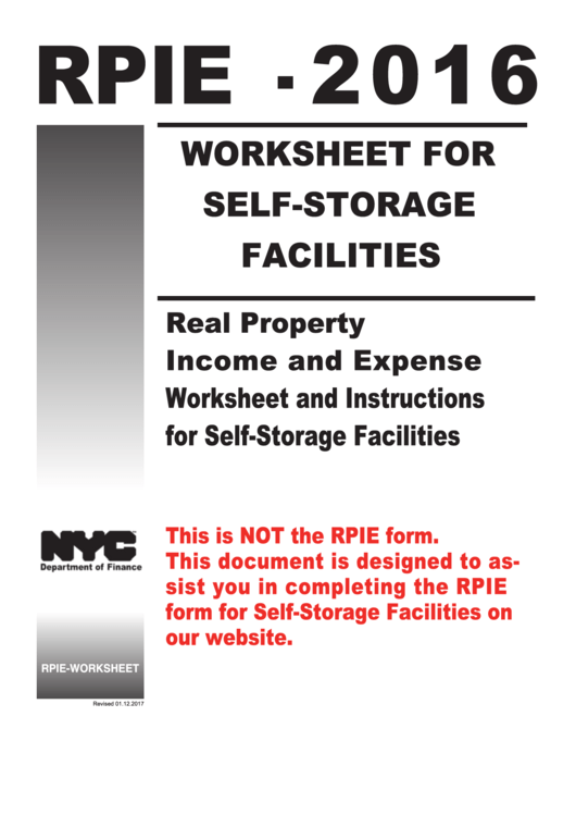 Form Rpie-2016 - Real Property Income And Expense Worksheet And Instructions For Self-Storage Facilities Printable pdf
