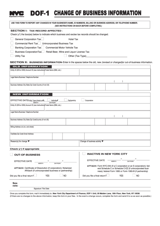Form Dof-1 - Change Of Business Information Printable pdf