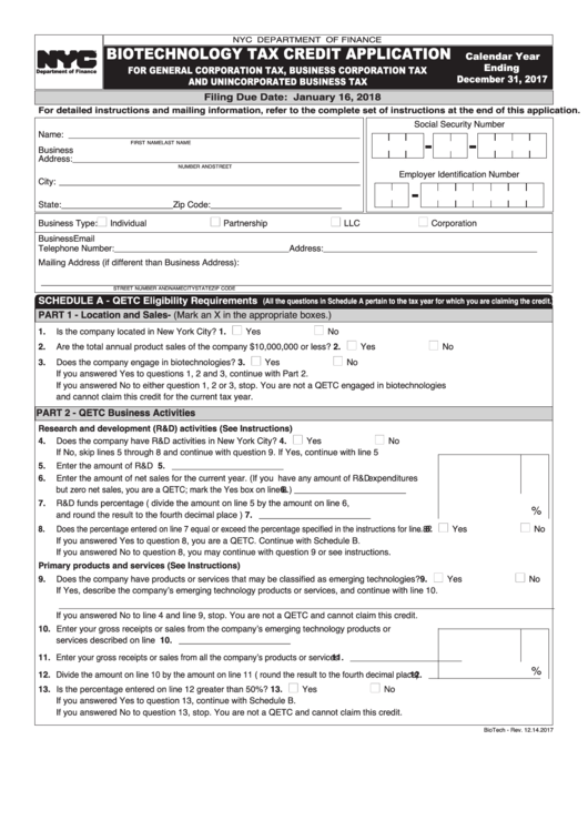 Biotechnology Tax Credit Application - New York Department Of Finance Printable pdf
