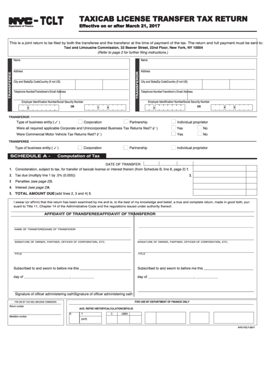 Form Nyc-Tclt - Taxicab License Transfer Tax Return Printable pdf