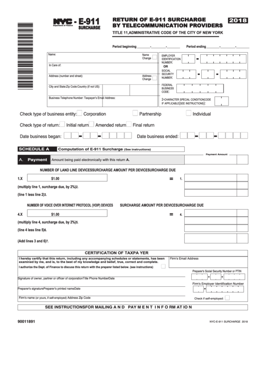 Form Nyc-E-911 - Return Of E-911 Surcharge By Telecommunication Providers - 2018 Printable pdf