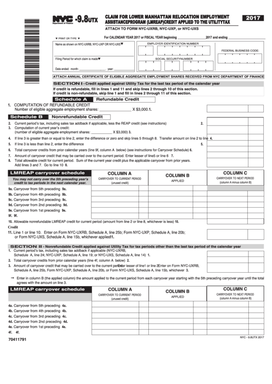 Form Nyc - 9.8utx - Claim For Lower Manhattan Relocation Employment Assistance Program (Lmreap) Credit Applied To The Utility Tax - 2017 Printable pdf