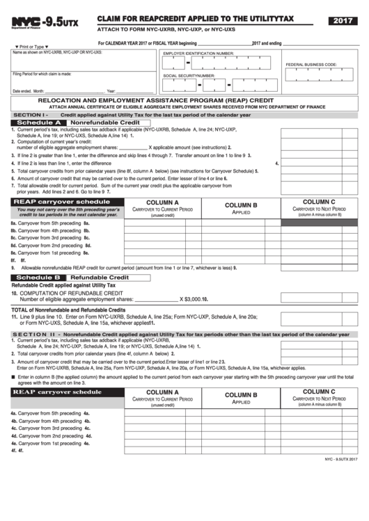 Form Nyc-9.5utx - Claim For Reap Credit Applied To The Utility Tax - 2017 Printable pdf