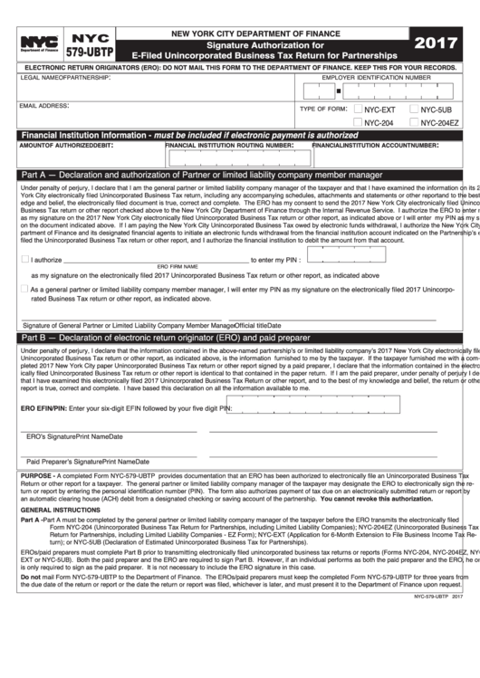 Form Nyc-579-Ubtp - Signature Authorization For E-Filed Unincorporated Business Tax Return For Partnerships - 2017 Printable pdf