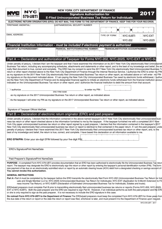 Form Nyc-579-Ubti - Signature Authorization For E-Filed Unincorporated Business Tax Return For Individuals - 2017 Printable pdf