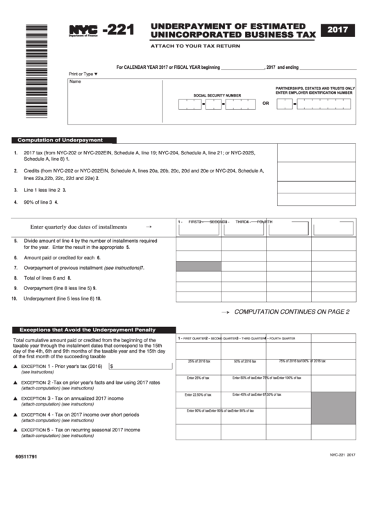Form Nyc-221 - Underpayment Of Estimated Unincorporated Business Tax - 2017 Printable pdf