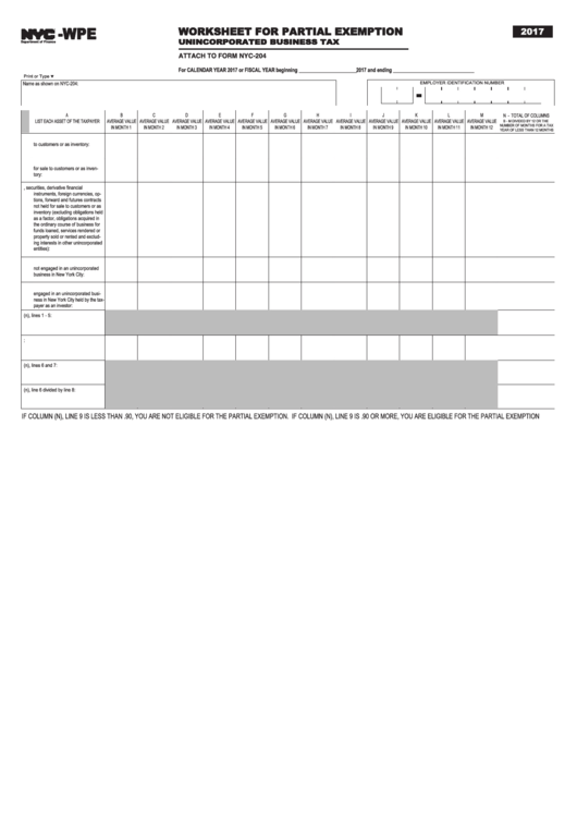 Form Nyc-Wpe - Worksheet For Partial Exemption Unincorporated Business Tax - 2017 Printable pdf