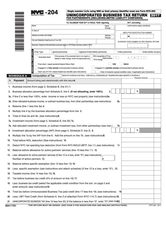 Form Nyc-204 - Unincorporated Business Tax Return For Partnerships (Including Limited Liability Companies) - 2017 Printable pdf