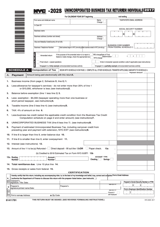 Form Nyc-202s - Unincorporated Business Tax Return For Individuals - 2017 Printable pdf