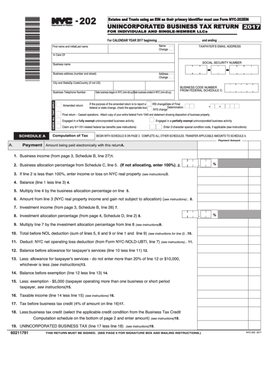 Form Nyc-202 - Unincorporated Business Tax Return For Individuals And Single-Member Llcs - 2017 Printable pdf