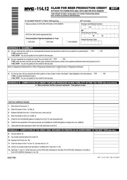 Form Nyc-114.12 - Claim For Beer Production Credit - 2017 Printable pdf