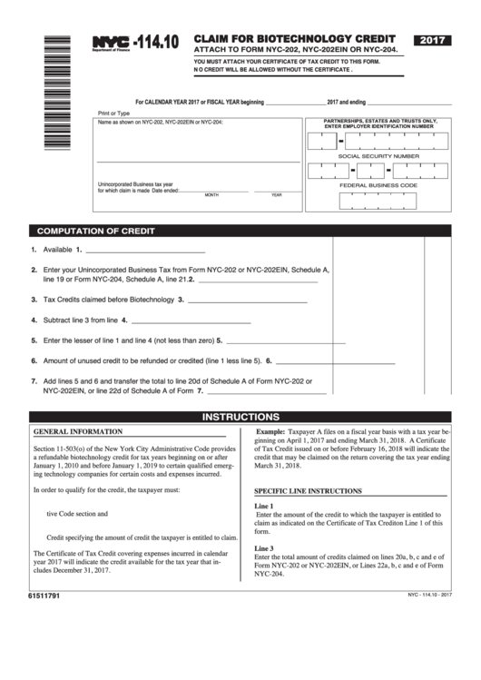 Form Nyc-114.10 - Claim For Biotechnology Credit - 2017 Printable pdf