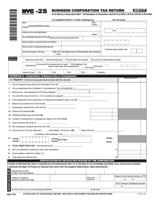 Form Nyc-2s - Business Corporation Tax Return - 2017 Printable pdf