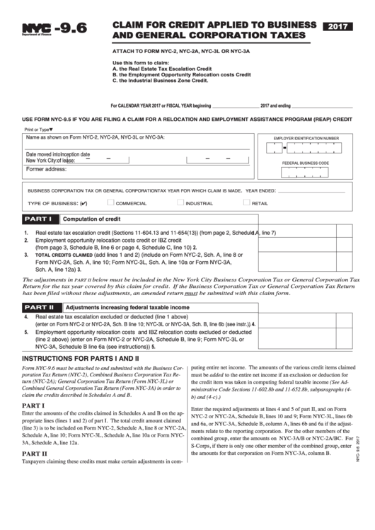 Form Nyc-9.6 - Claim For Credit Applied To Business And General Corporation Taxes - 2017 Printable pdf
