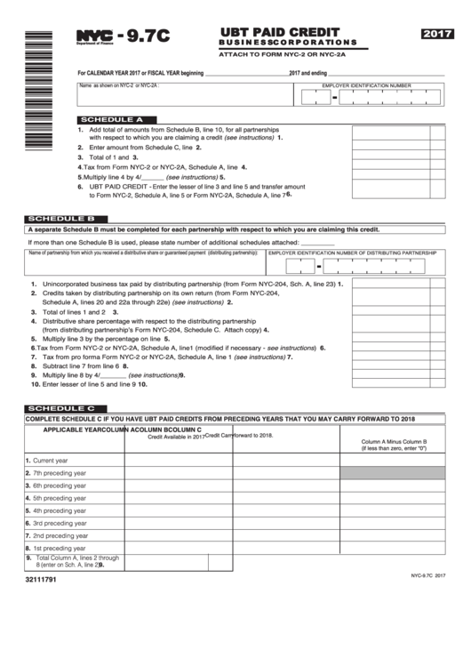 Form Nyc-9.7c - Ubt Paid Credit Business Corporations - 2017 Printable pdf